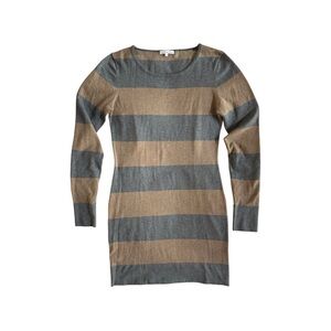 Minnie Rose Tan & Gray Long Slve Sweater Sheath Mini Dress Knit Stretch Med EUC